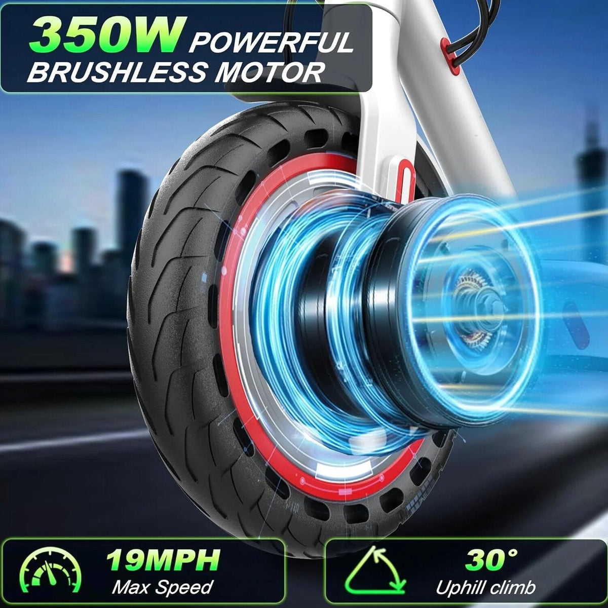 Electric Scooter - 8.5" Solid Tires, 350W Motor, Up to 19 MPH and 21-23 Miles Long-Range Portable Foldable Commuting Scooter for Adults with Double Braking System and App