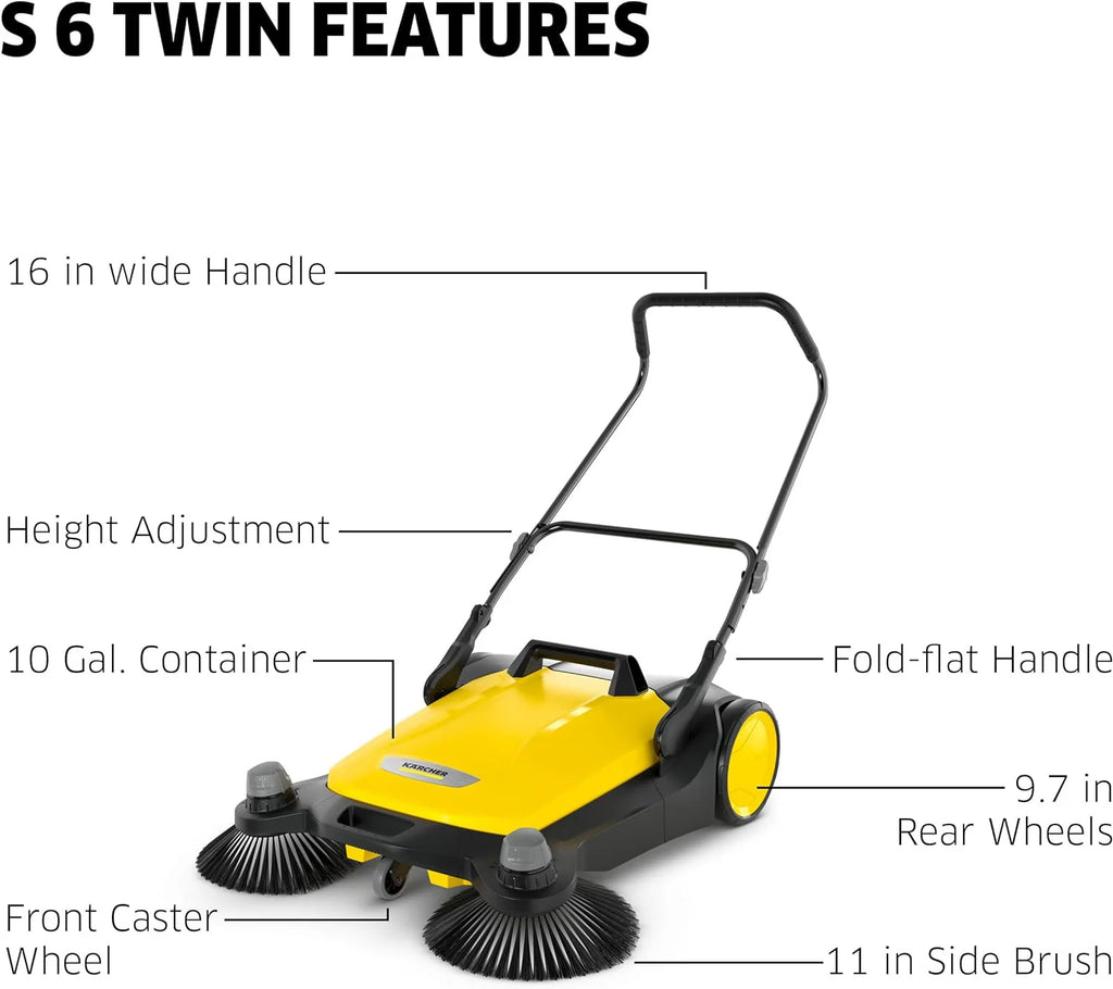 Karcher S 6 Twin Walk-Behind Push Sweeper, 10 Gallon Capacity, 33.9 in Sweeping Width - 1.766-461.0