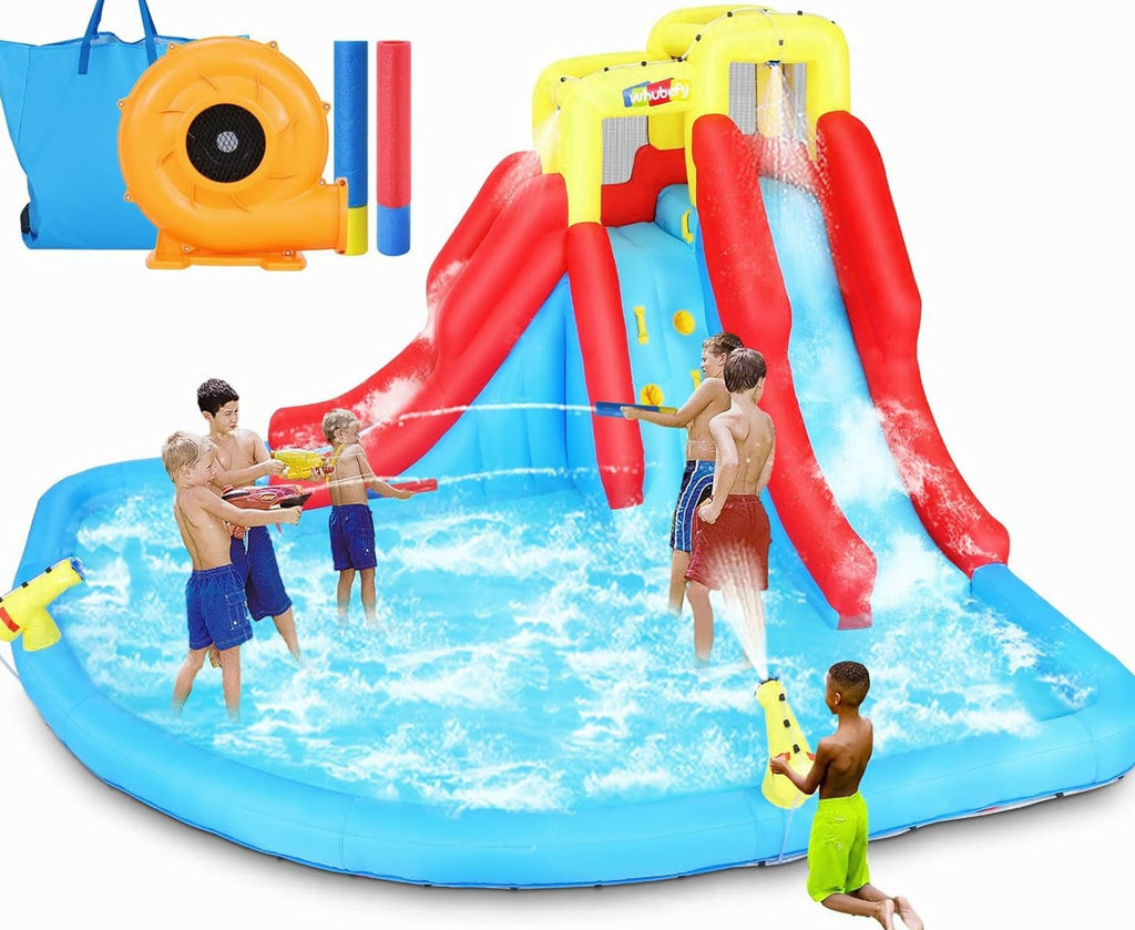 Inflatable Water Slides for Kids 8-in-1 Bounce House Water Park with 450W Blower Climbing Wall, Splash Pool, 2 Water Cannons, Basketball Hoop, Water Slide, Crocodile Sprinkler for Gift Backyard Party
