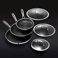 HexClad 6 Piece Hybrid Stainless Steel Cookware Pan Set 8 inch 10 inch 12 inch with Glass Lids Size: One size Black