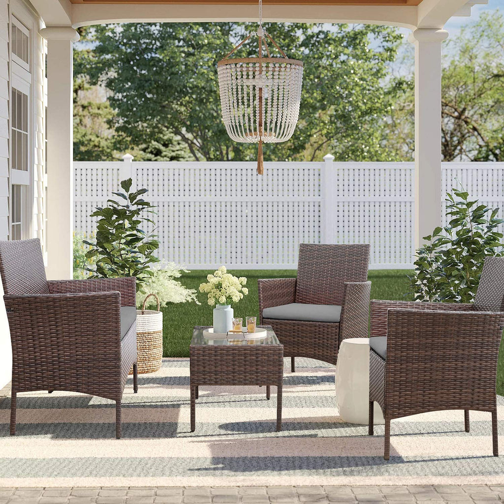 4-Piece Outdoor Patio Furniture Set With Rattan Wicker Chairs, Loveseat And Glass-Top Table