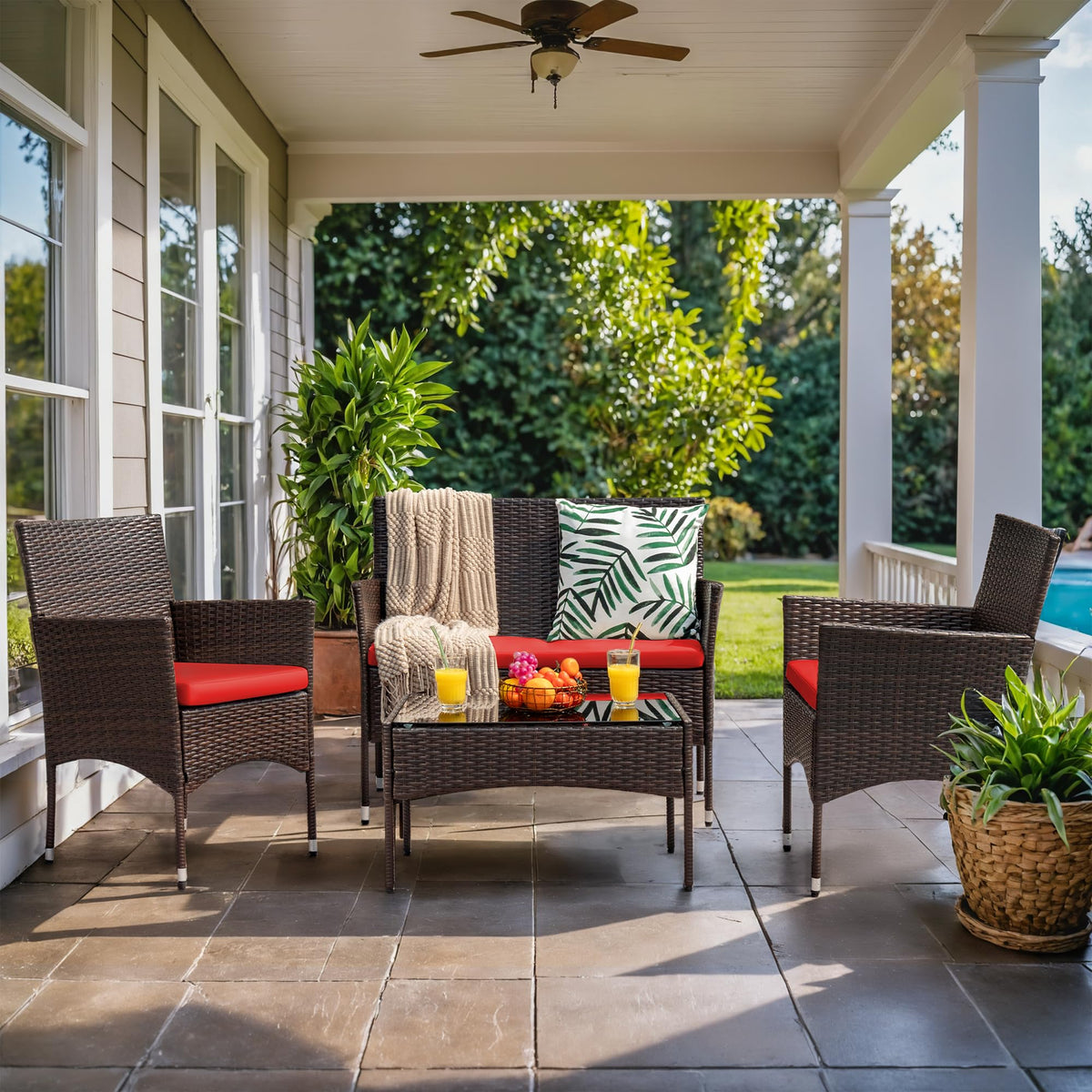 4-Piece Outdoor Patio Furniture Set With Rattan Wicker Chairs, Loveseat And Glass-Top Table