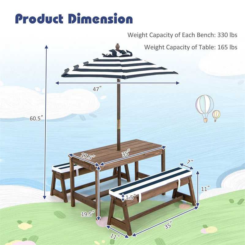 Wooden Kids Picnic Table Bench Set With Cushions And Height-Adjustable Umbrella - 35 in
