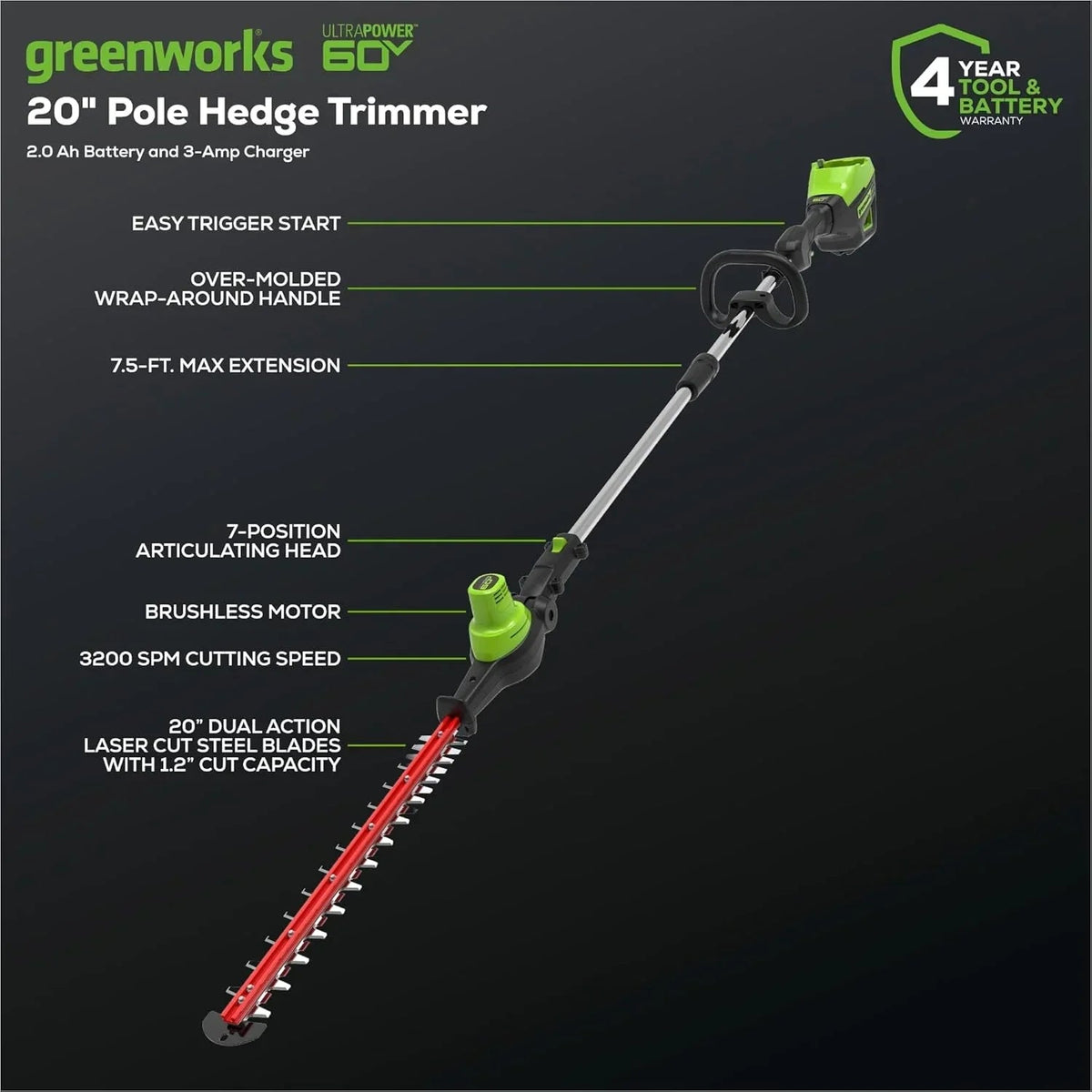 Greenworks 60V 20 in Brushless Cordless Pole Hedge Trimmer With 2.0Ah Battery And Charger