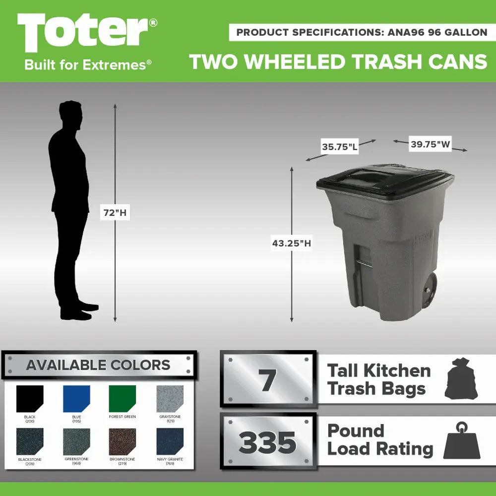 Toter 96 Gallon Trash Can with Smooth Wheels and Lid ;