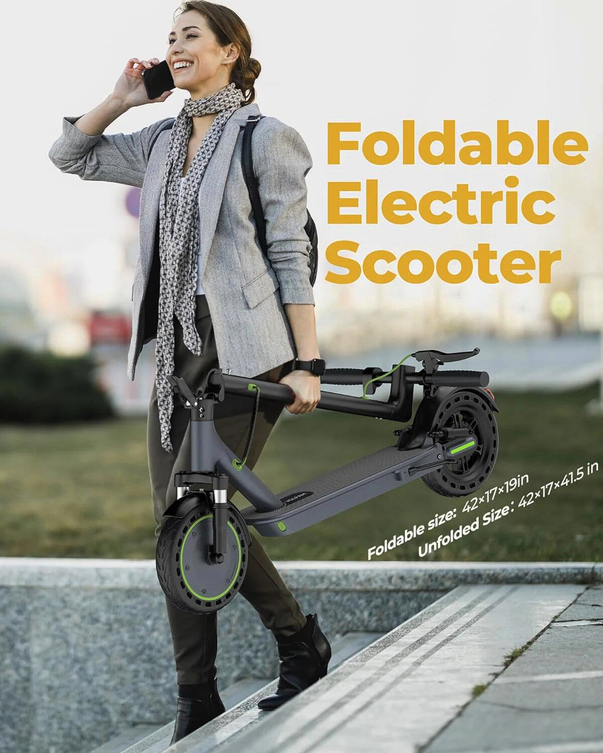 Electric Scooter - 8.5" Solid Tires, 350W Motor, Up to 19 MPH and 21-23 Miles Long-Range Portable Foldable Commuting Scooter for Adults with Double Braking System and App