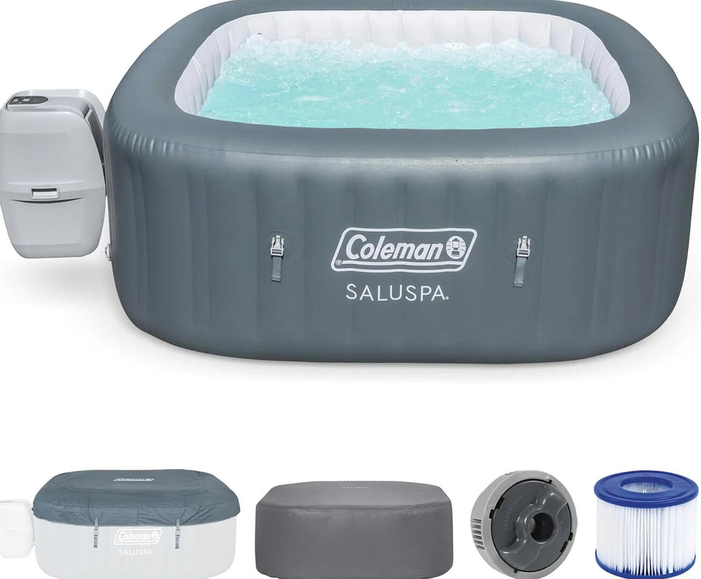 4 to 6 Person Inflatable Hot Tub Square Portable Outdoor Spa with 114 Soothing AirJets and Insulated Cover, Gray-Coleman