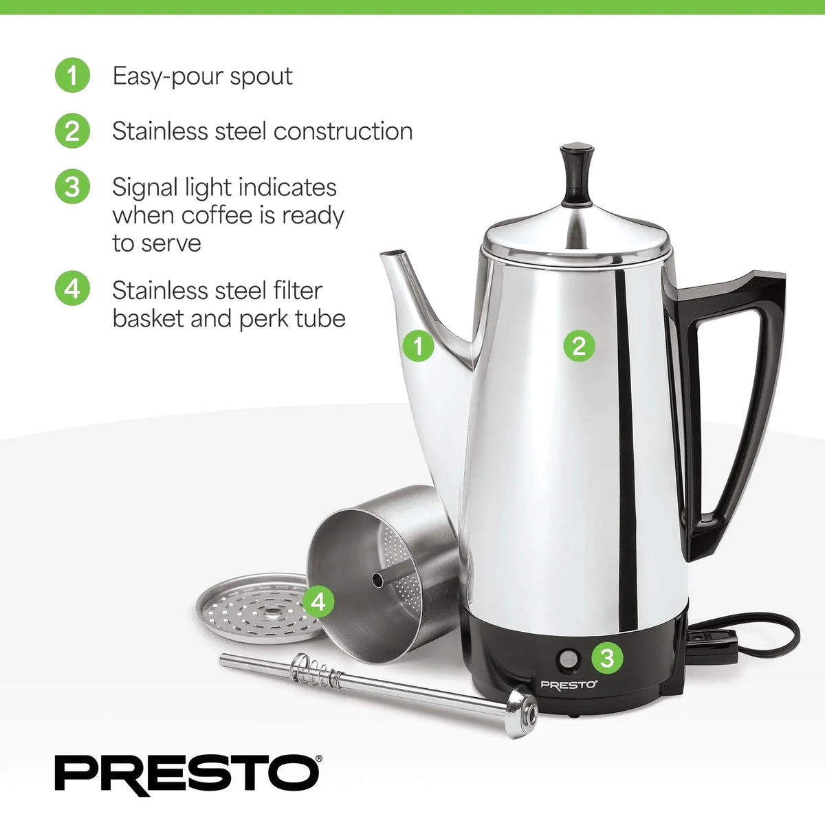 Presto Stainless Steel Coffee Maker, 12 Cup Robust Percolator Coffee, Silver - 2.79