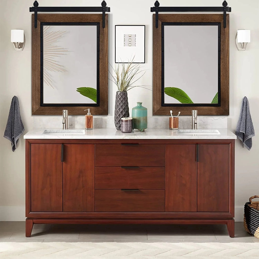 Farmhouse Barn Door Style Bathroom Vanity Mirror, Natural Wood, 24in W x 32in H x 1.25in D to 48in W x 30in H x 1.25in D