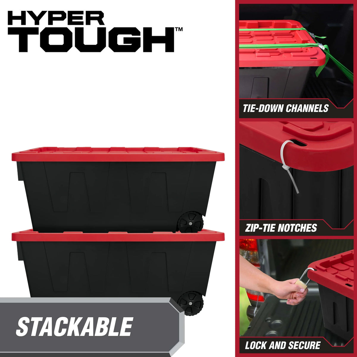 Hyper Tough 50 Gallon Wheeled Plastic Storage Bin, Black With Red Lid