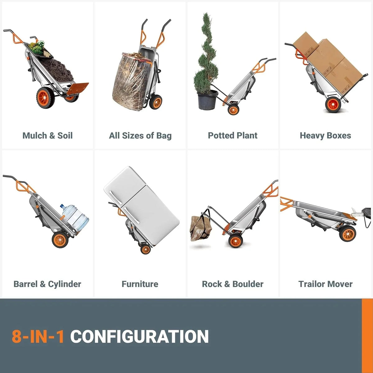 Worx 8-in-1 Aerocart Metal Garden Cart, Wheelbarrow And Dolly, Orange, Black And Silver - WG050