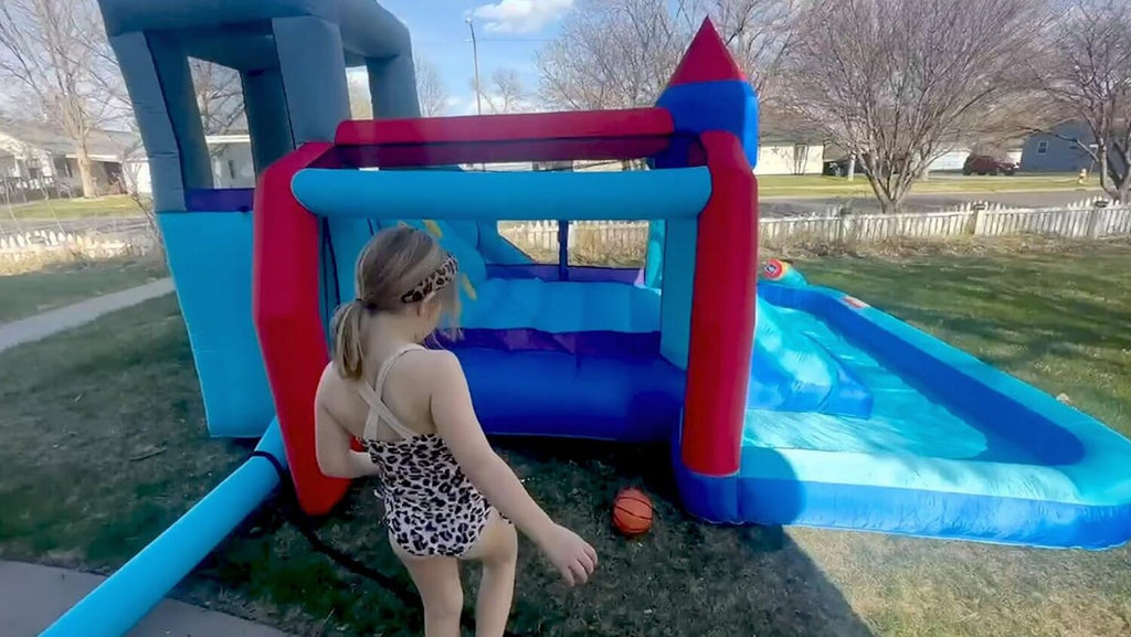 Inflatable Water Slides for Kids 8-in-1 Bounce House Water Park with 450W Blower Climbing Wall, Splash Pool, 2 Water Cannons, Basketball Hoop, Water Slide, Crocodile Sprinkler for Gift Backyard Party