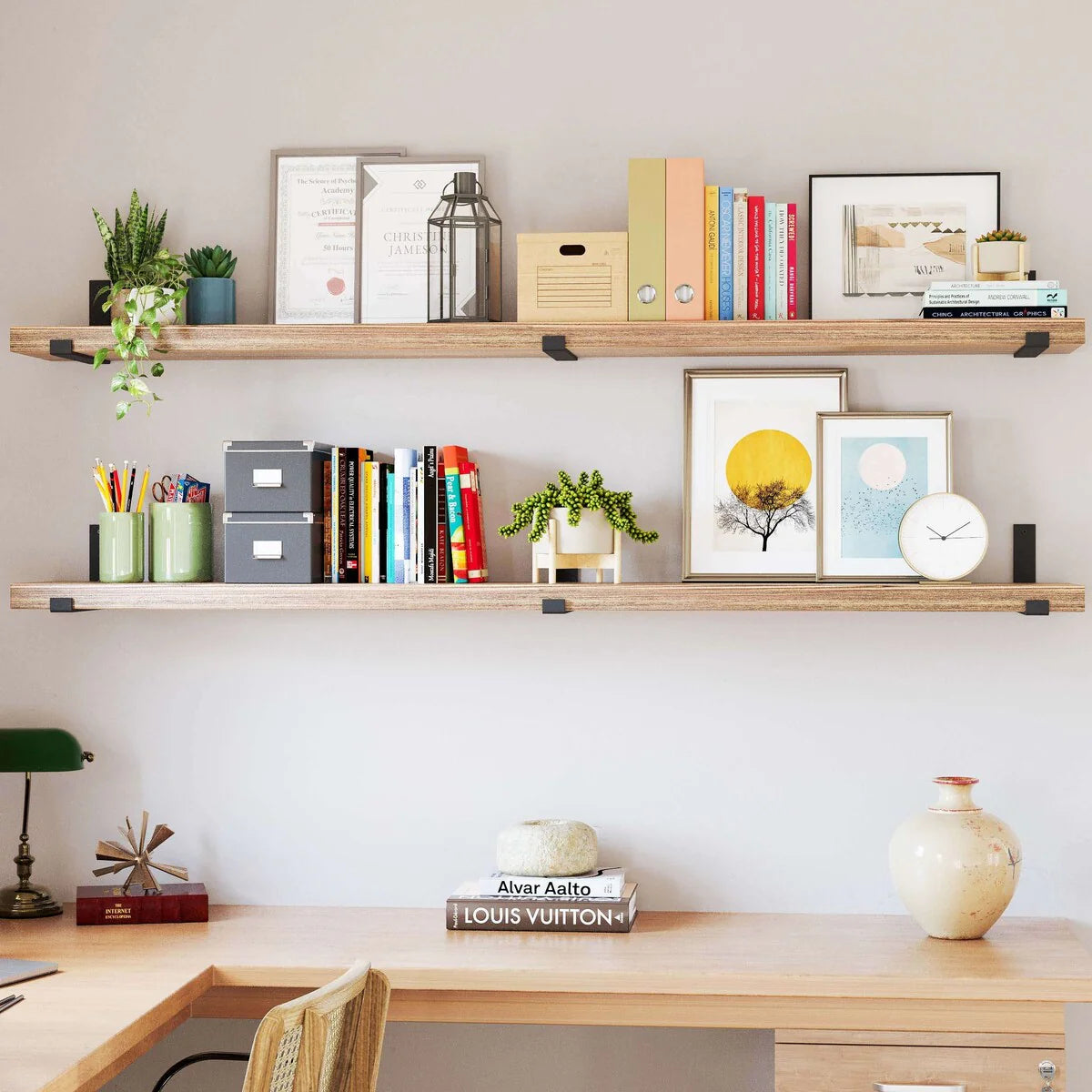 72 Inch Paulownia Wood Floating Wall Shelves, Set Of 2, Burnt - 72 Inch