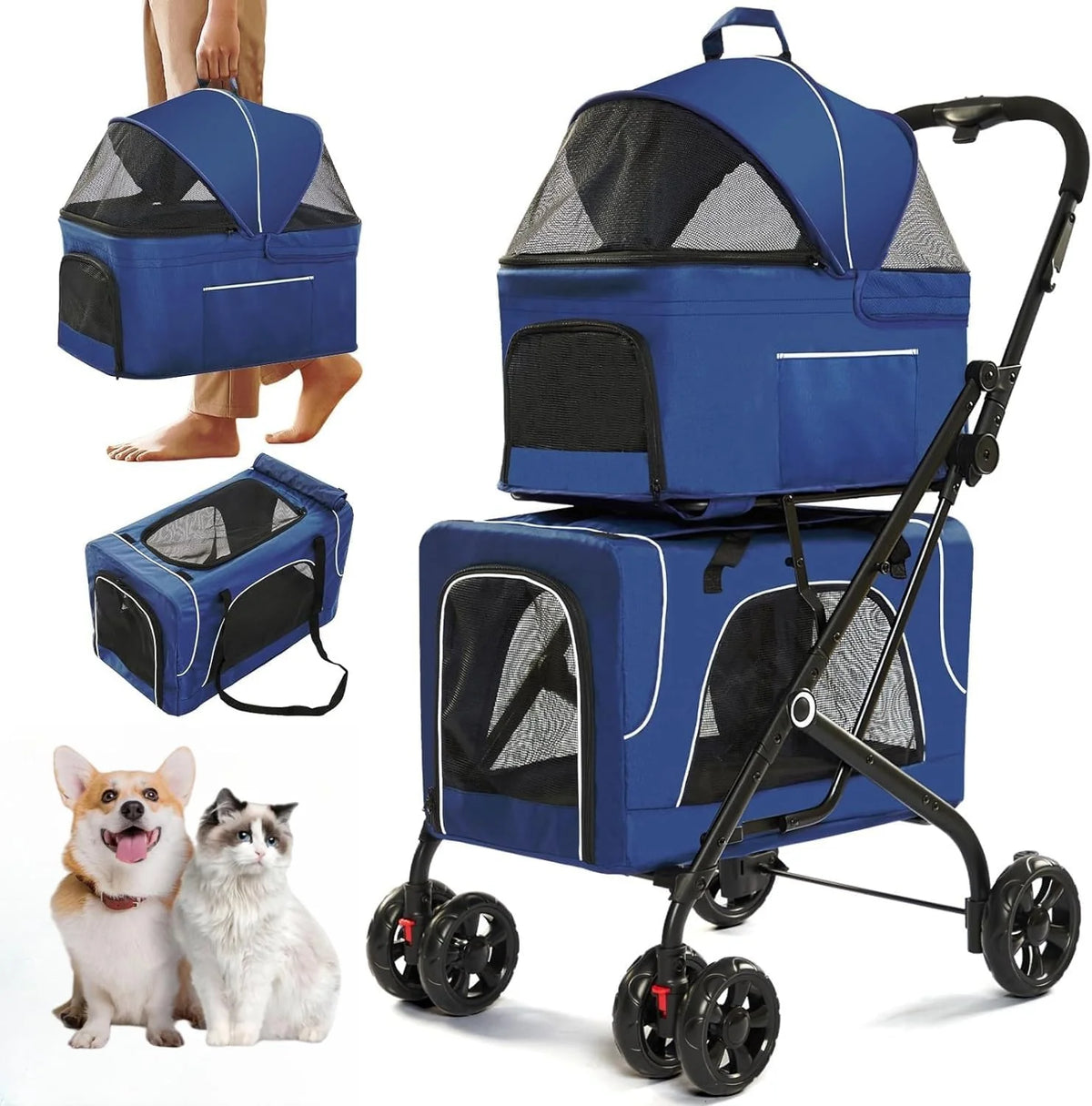 Double Pet Stroller for 2 Dogs With Detachable Carriers, Blue