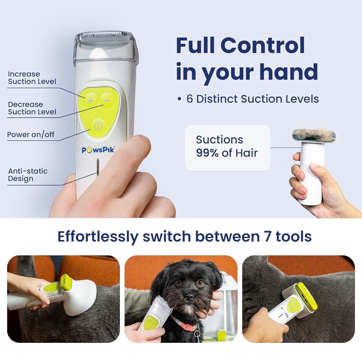 Professional Pet Grooming Vacuum Kit, Dogs &amp; Cats, Direct Handheld Control, 7 Grooming Tools, 6 Suction Levels, Large 2.2L Dust Bin, UL, HEPA Filter
