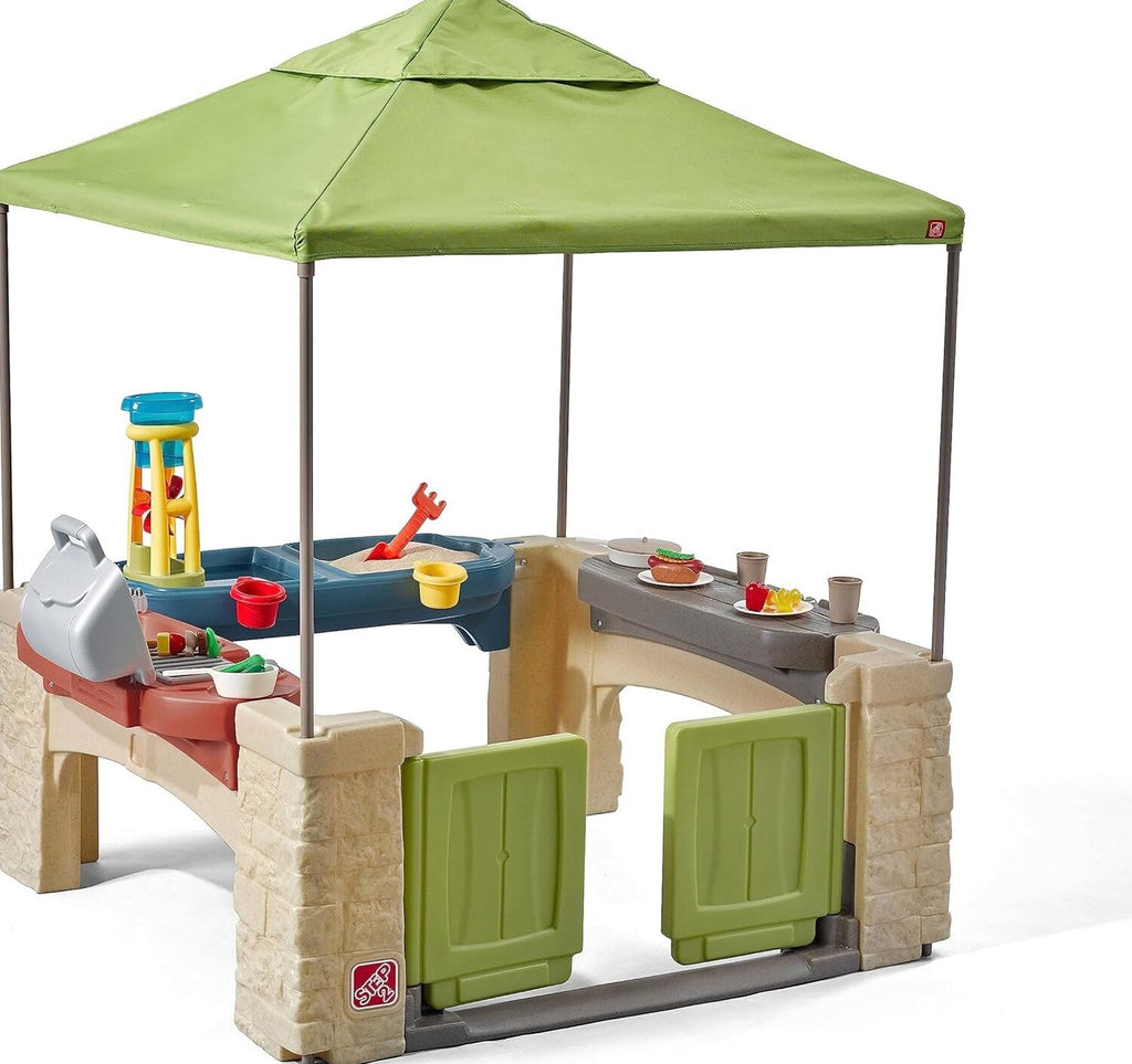 All-round play patio with canopy, kids indoor and outdoor kitchen play set
