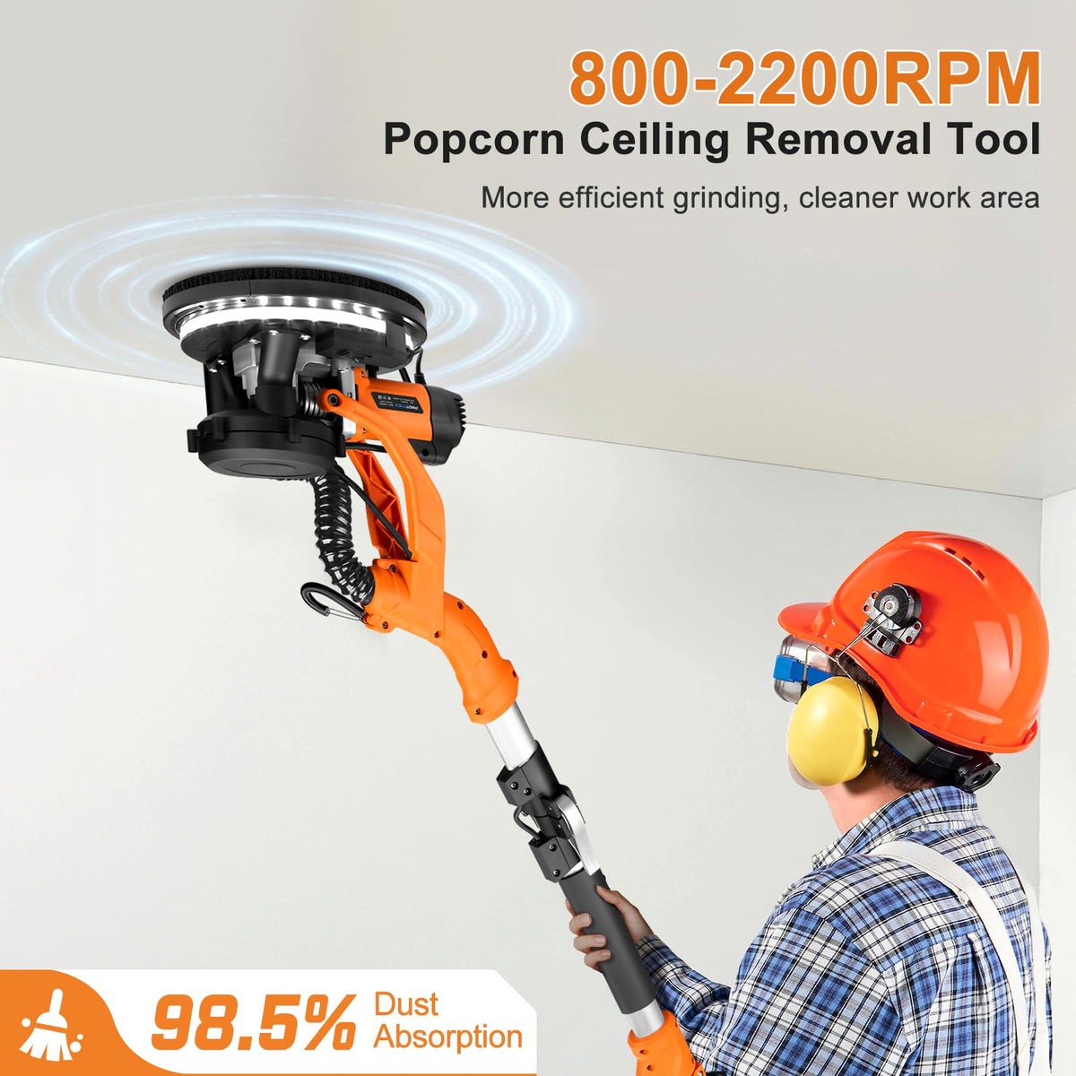 1000W Electric Drywall Sander With 4.9 Ft To 6.2 Ft Extension Pole And 15 Sanding Discs