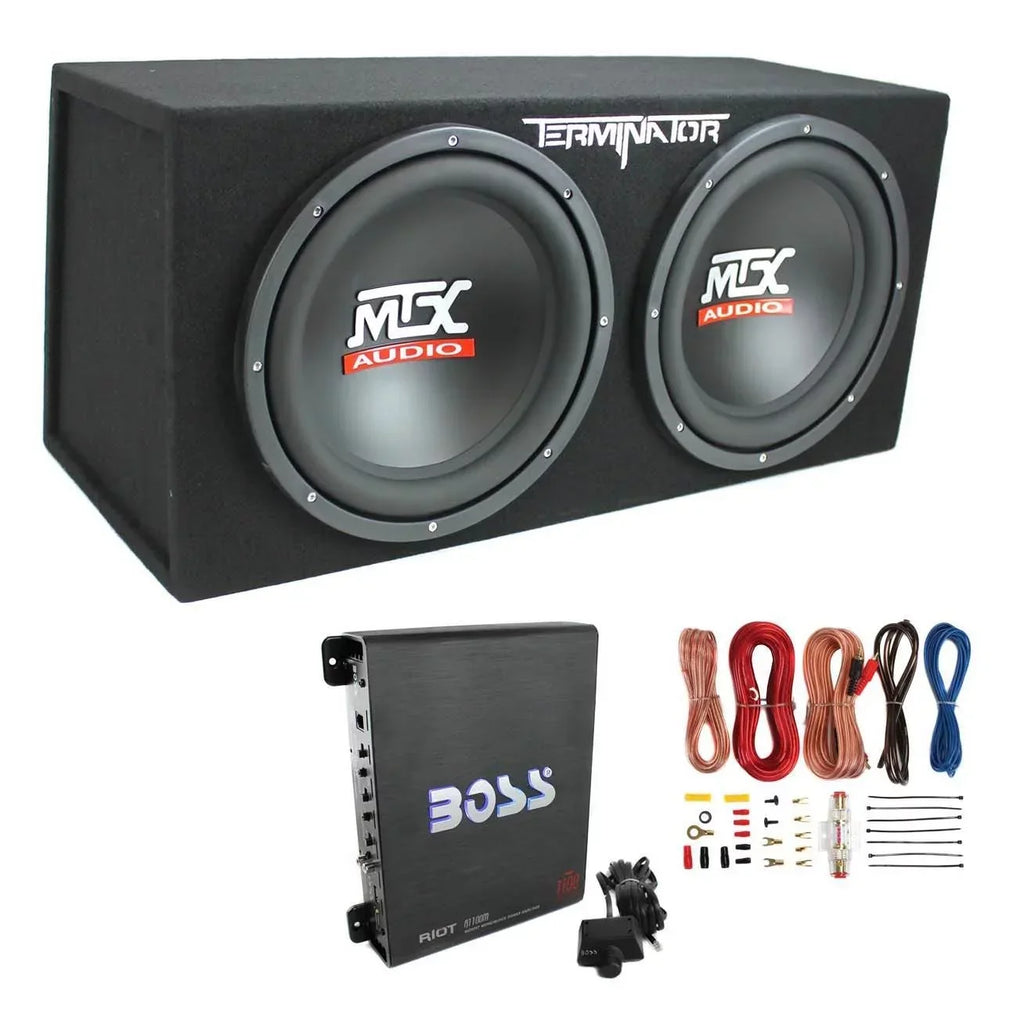 MTX Dual Loaded Car Subwoofer Enclosure 12 Inch 1200W With Boss R1100M Amplifier And Soundstorm AKS8 Kit - TNE212D