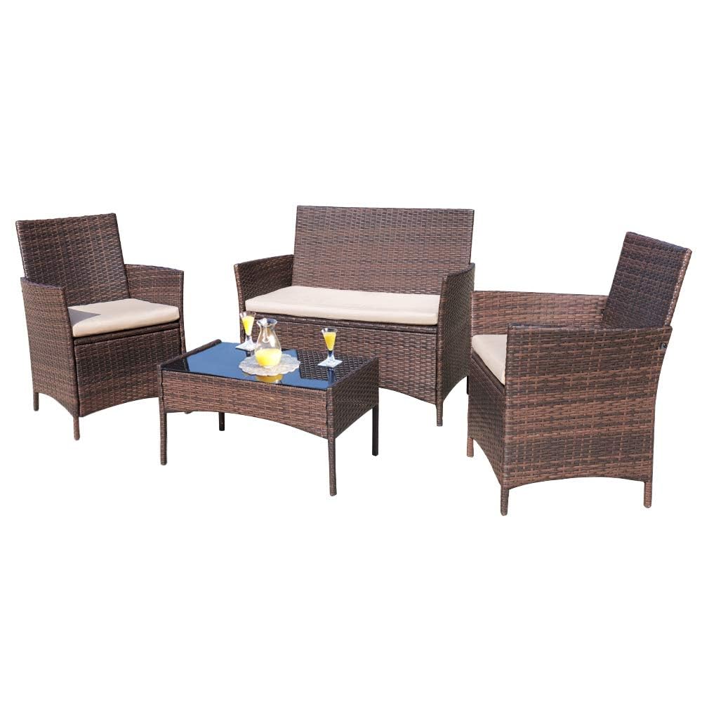 4-Piece Outdoor Patio Furniture Set With Rattan Wicker Chairs, Loveseat And Glass-Top Table