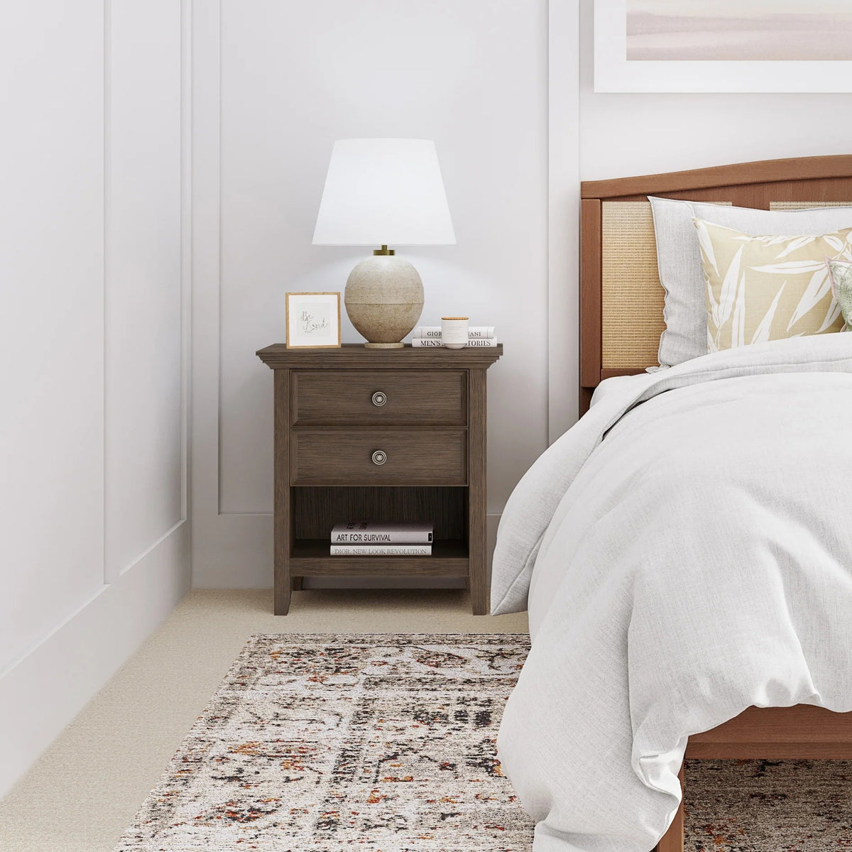 Solid Wood Nightstand With 2 Drawers And Open Shelf, 16 in D x 24 in W x 26 in H