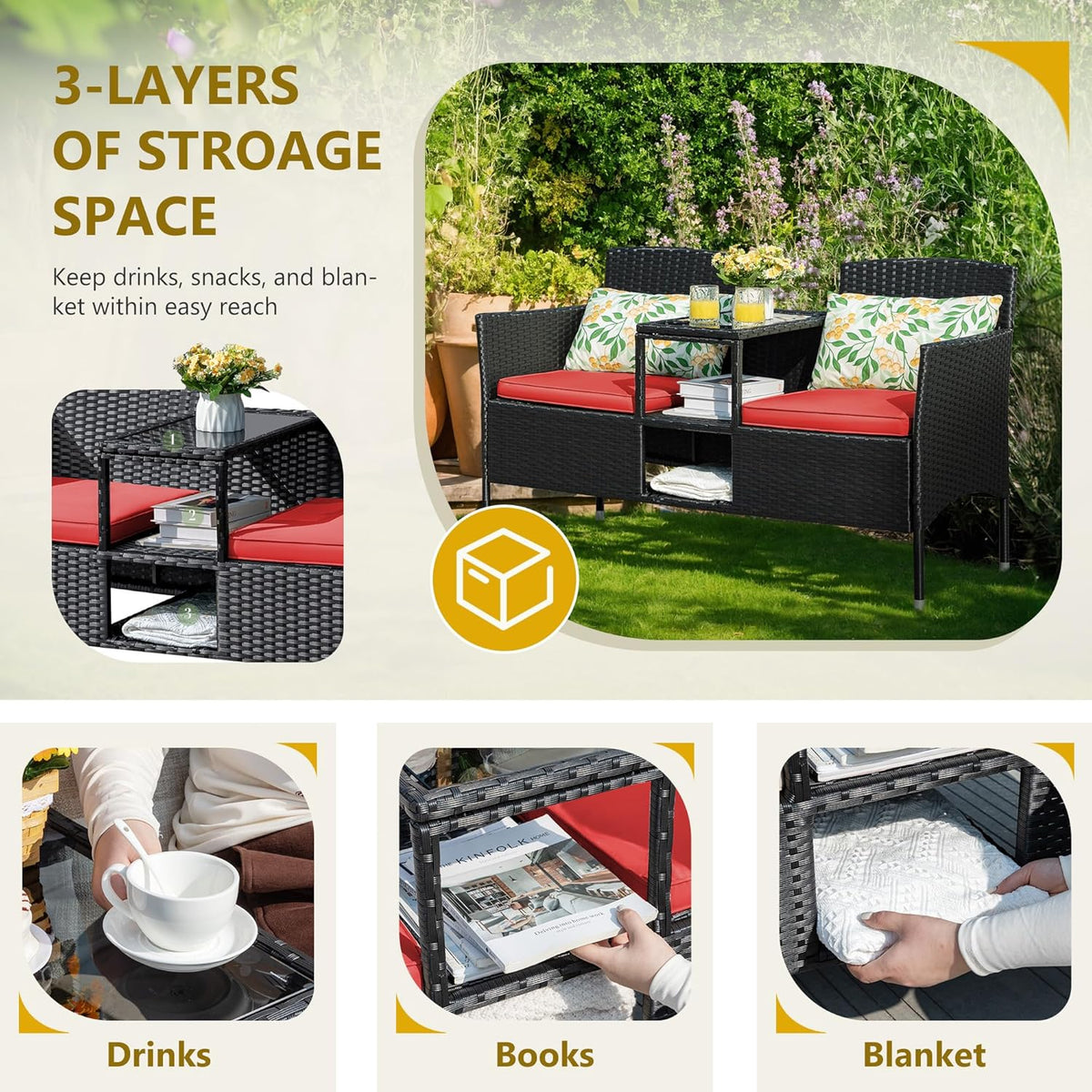 Flamaker Outdoor Wicker Patio Loveseat With Built-In Table And Cushions, Beige - 49.2 x 21.3 x 30.9 in