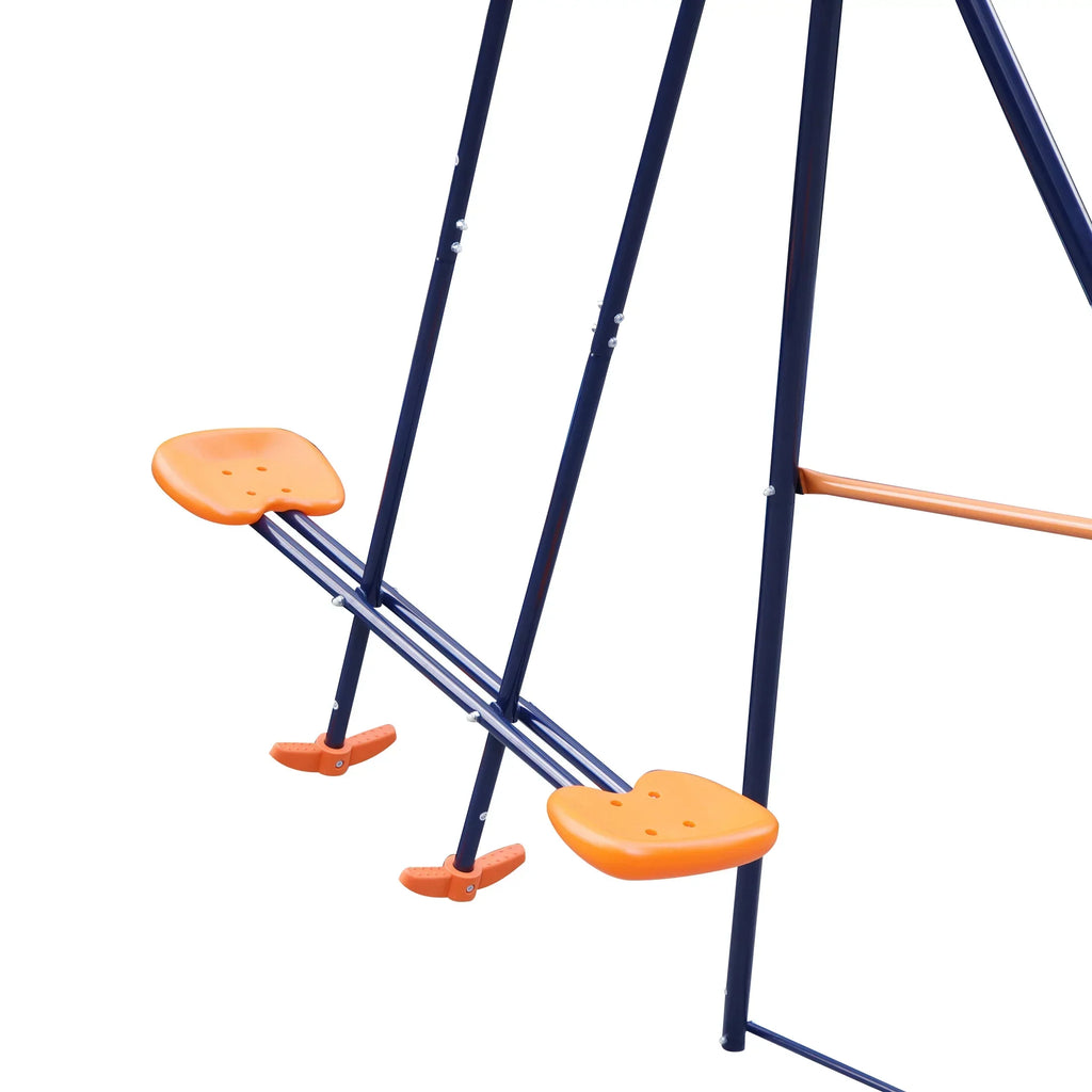 ZenSports Outdoor Double Kids Swing Set With 2 Seats And 1 Glider, Blue And Orange, 440lbs Capacity