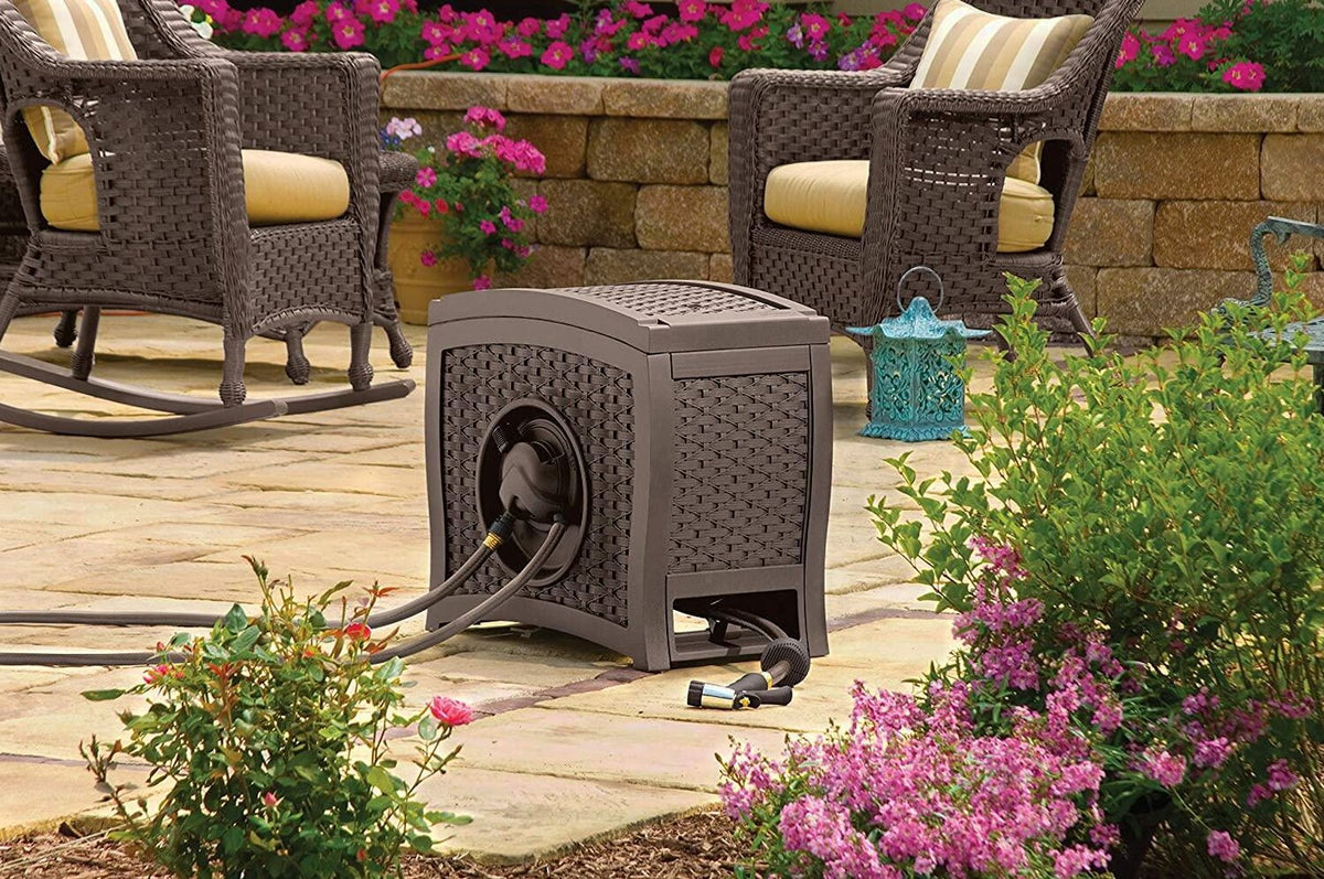 Suncast Aquawinder 125 Wicker Garden Hose Reel Lightweight Portable Hands Free Water Powered Retractable Hose Reel Java