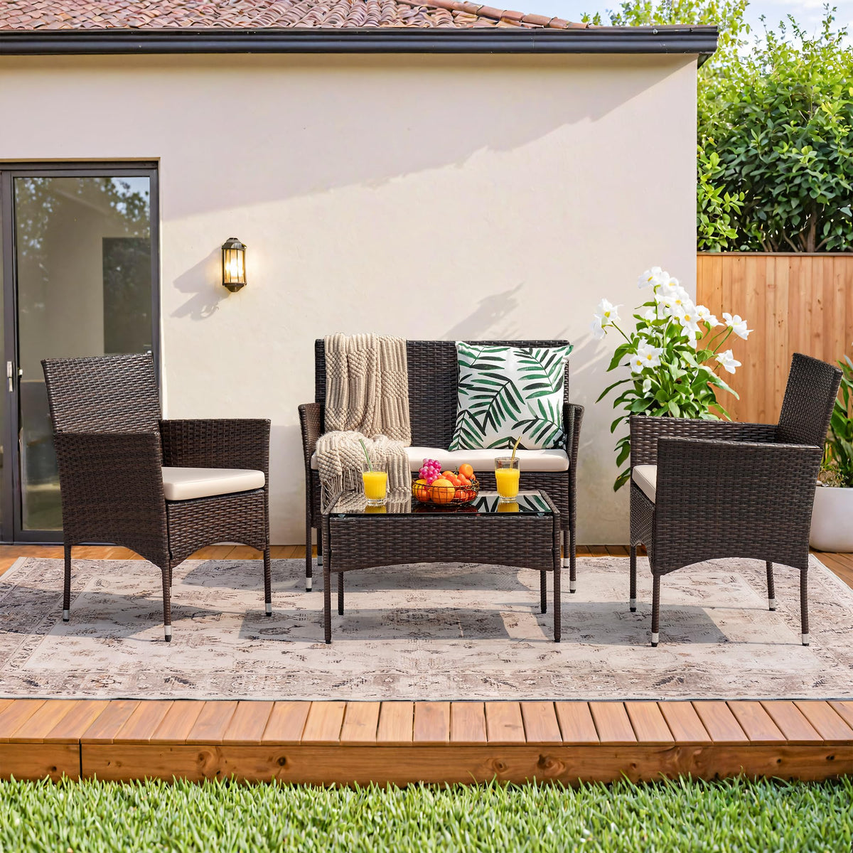 4-Piece Outdoor Patio Furniture Set With Rattan Wicker Chairs, Loveseat And Glass-Top Table
