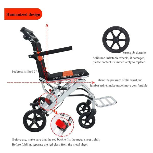 Ultra-Light Portable Folding Transport Wheelchair With Handbrake, 16.5 lbs, 220 lbs Capacity, 34.2 x 32.6 Unfolded Dimensions