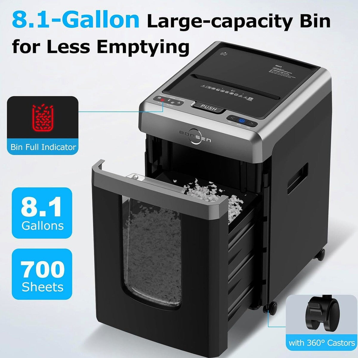 BONSEN 300-Sheet Auto Feed Paper Shredder, 60 Min, P-4, 8.1 Gal, Quiet
