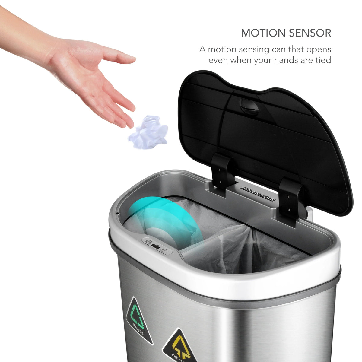 18 Gallon Dual Compartment Motion Sensor Trash Can - Automatic Hands-Free Kitchen Garbage Bin