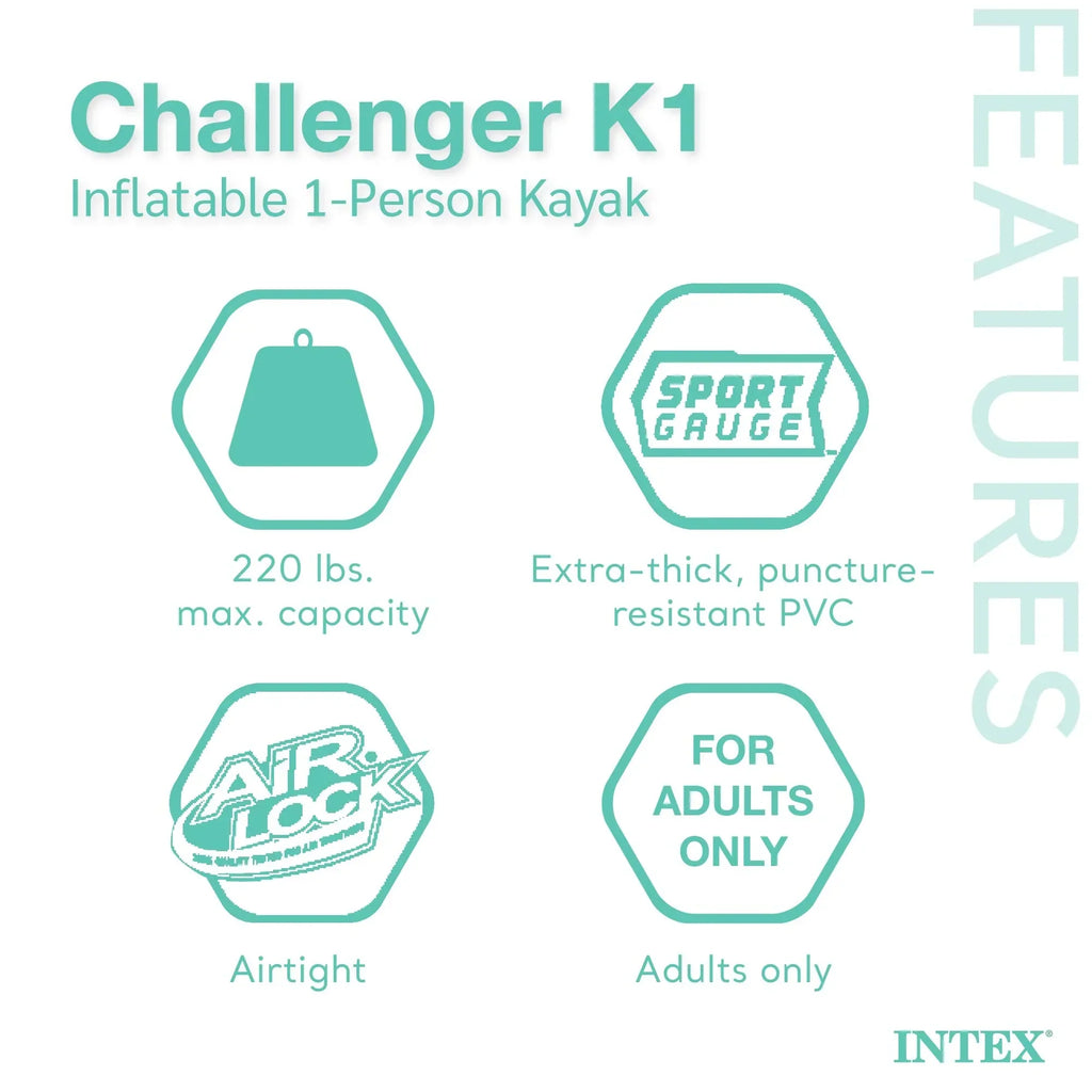 Intex Challenger K1 1-Person Inflatable Fishing Kayak Set, 108 x 30 x 13 Inches, 220-Pound Capacity