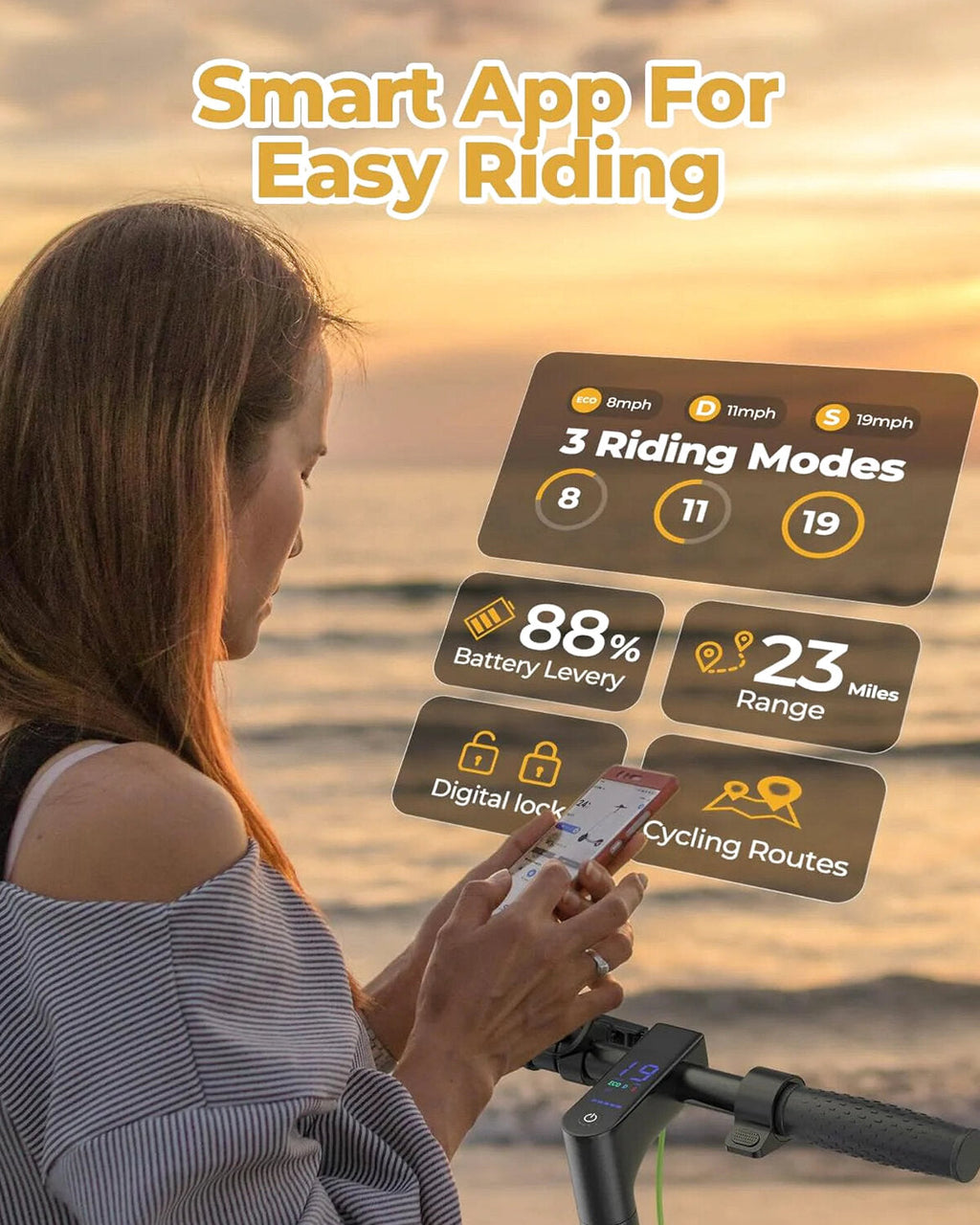 Electric Scooter - 8.5" Solid Tires, 350W Motor, Up to 19 MPH and 21-23 Miles Long-Range Portable Foldable Commuting Scooter for Adults with Double Braking System and App