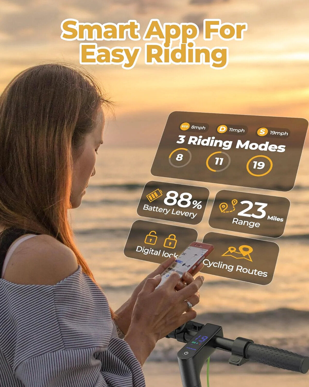 Electric Scooter - 8.5" Solid Tires, 350W Motor, Up to 19 MPH and 21-23 Miles Long-Range Portable Foldable Commuting Scooter for Adults with Double Braking System and App