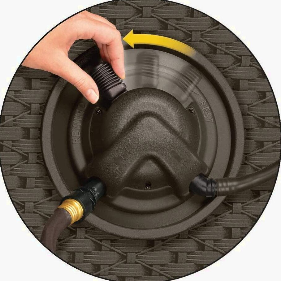Suncast Aquawinder 125 Wicker Garden Hose Reel Lightweight Portable Hands Free Water Powered Retractable Hose Reel Java