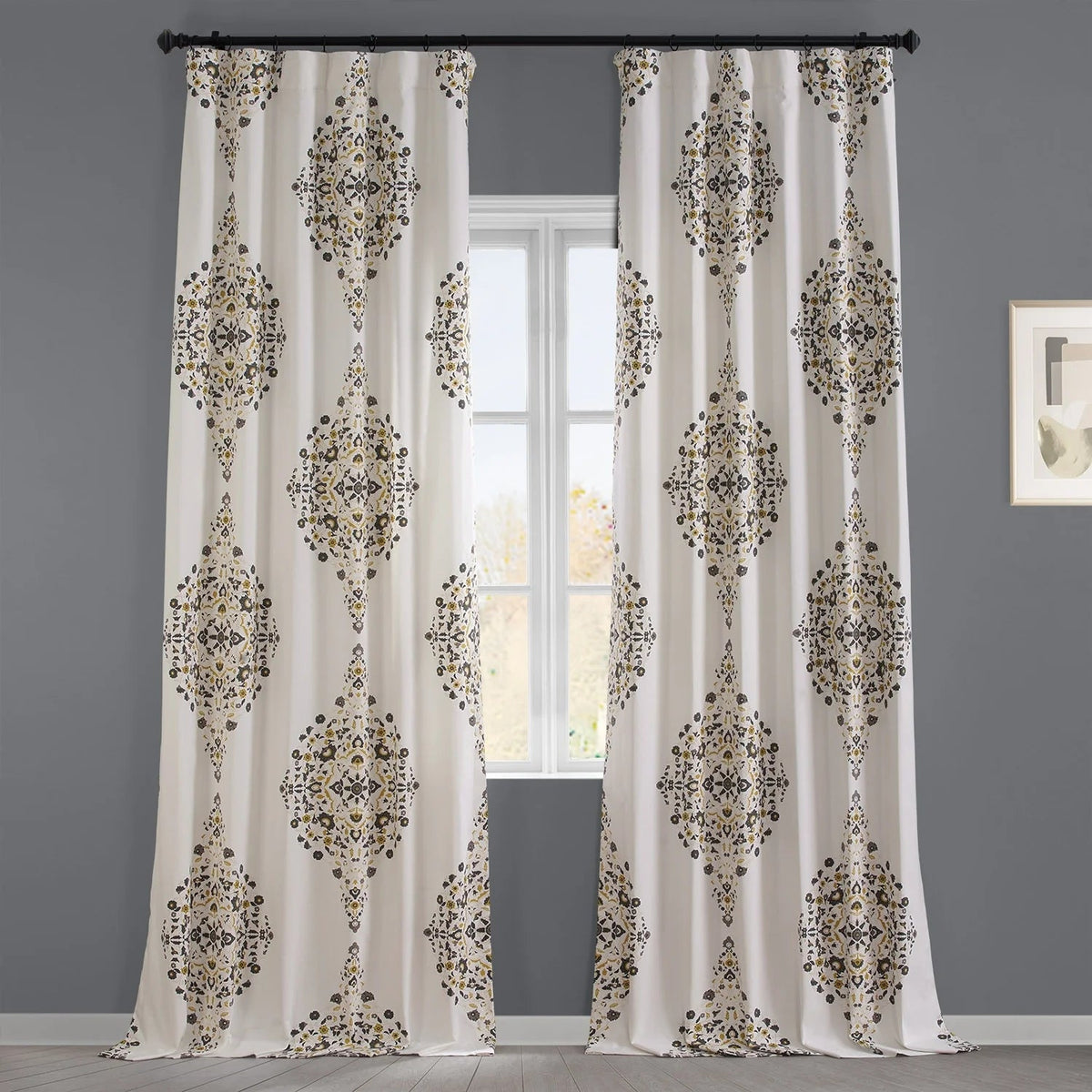 Medallion Damask Printed Cotton Room Darkening Curtain Panel, 1 Piece, 50 in W x 84/96/108/120 in L