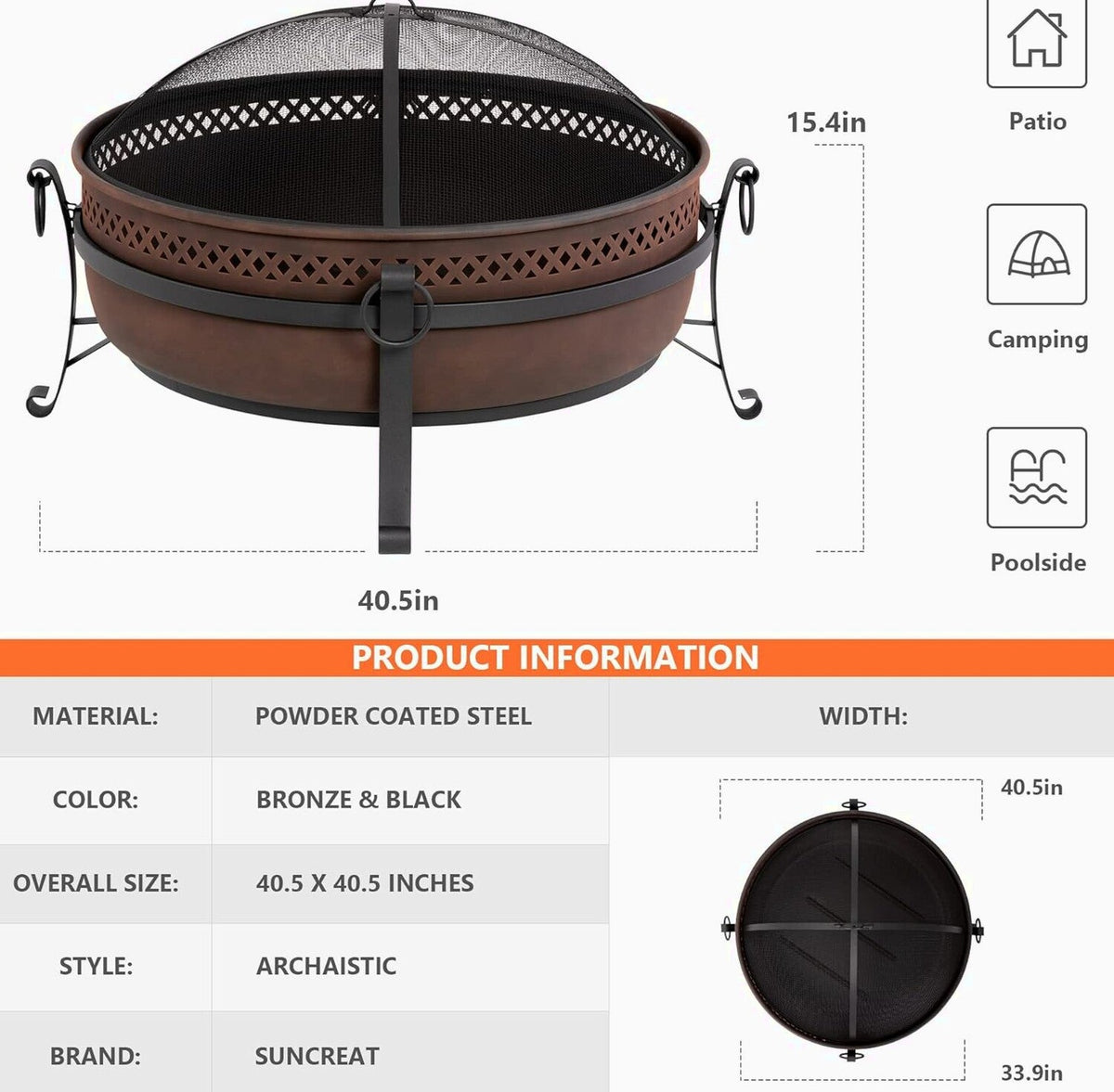 SUNCREAT 42” Patio Fire Pit Wood Burning with Mesh Spark Screen, Bonfire Outdoor firepit with Fireplace Poker, Black