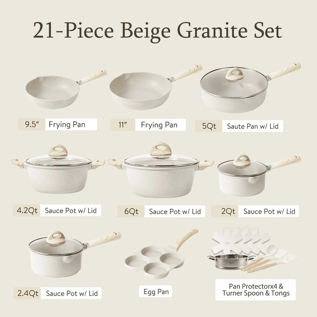 Non Stick Pots and Pans Set, 21 Pcs Induction Kitchen Cookware Sets (Beige Granite)