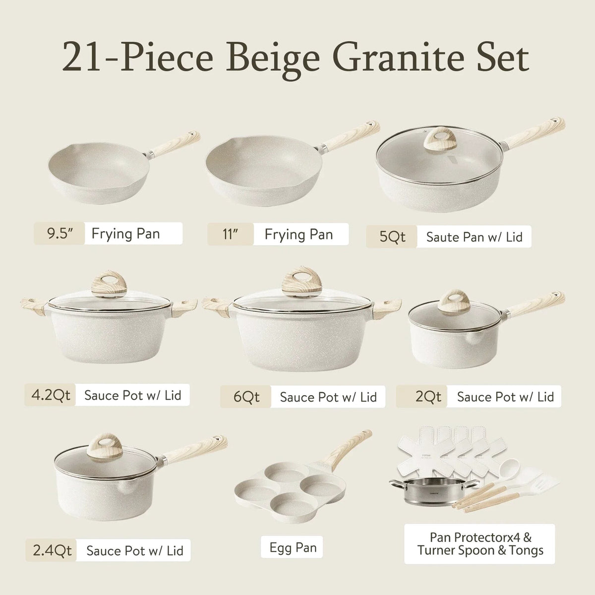 Non Stick Pots and Pans Set, 21 Pcs Induction Kitchen Cookware Sets (Beige Granite)