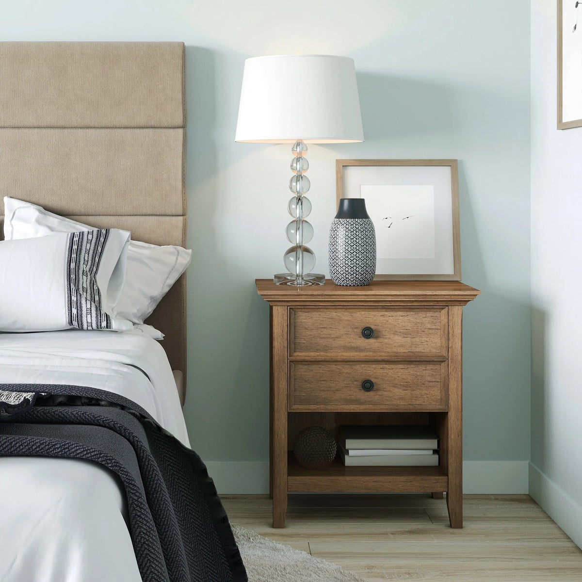 Solid Wood Nightstand With 2 Drawers And Open Shelf, 16 in D x 24 in W x 26 in H