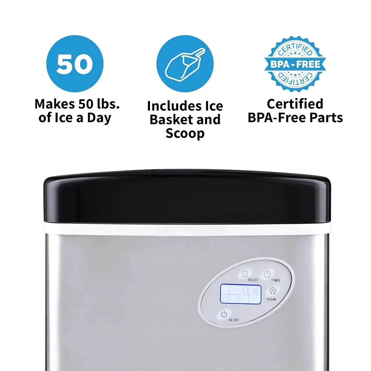 Newair Portable Countertop Ice Maker, 50 lb Daily, 12 Cubes in Under 7 Minutes, 3 Ice Sizes, Stainless Steel