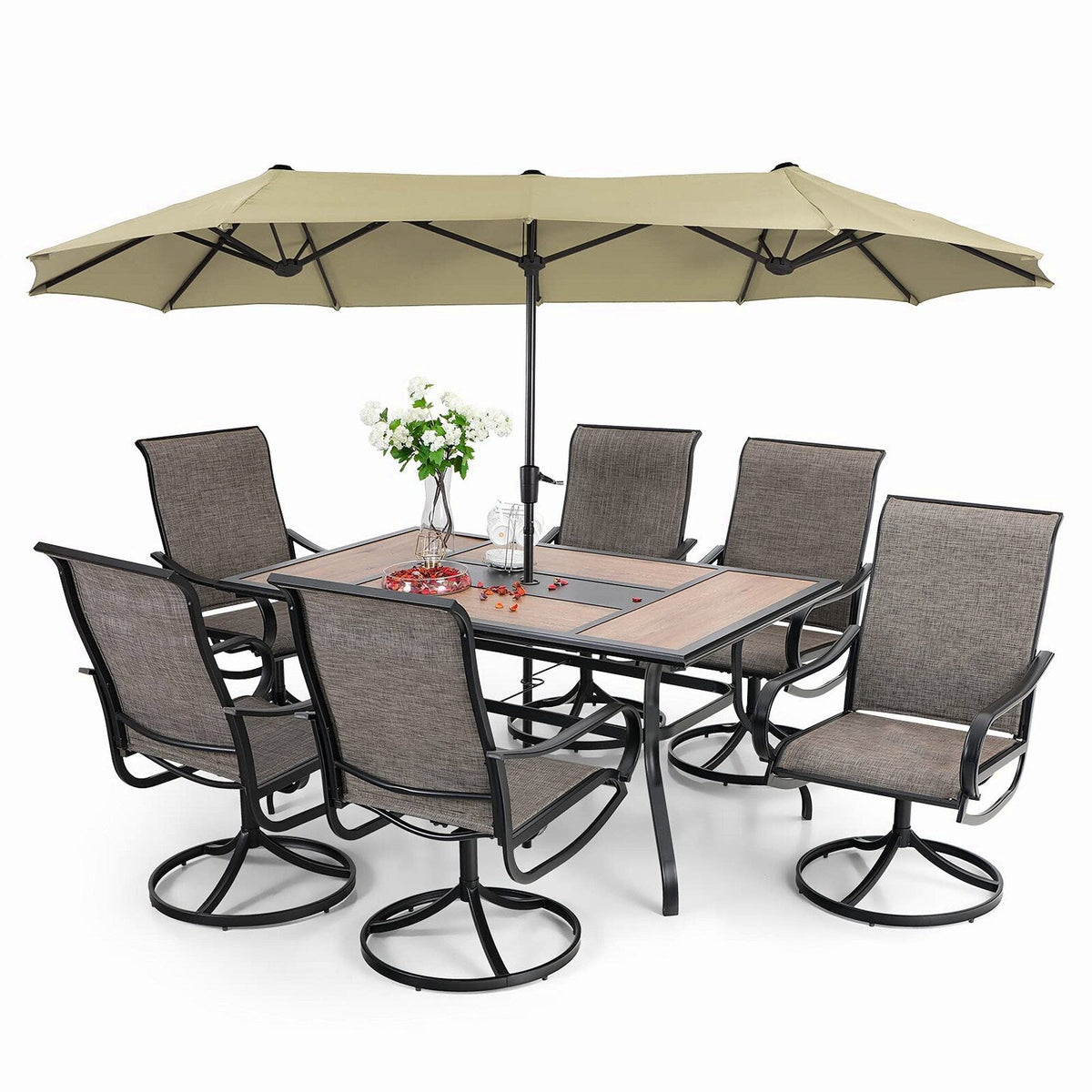 8 Pieces Patio Dining Set with Umbrella,Outdoor Furniture Set with 6 Sling Dining Swivel Chairs