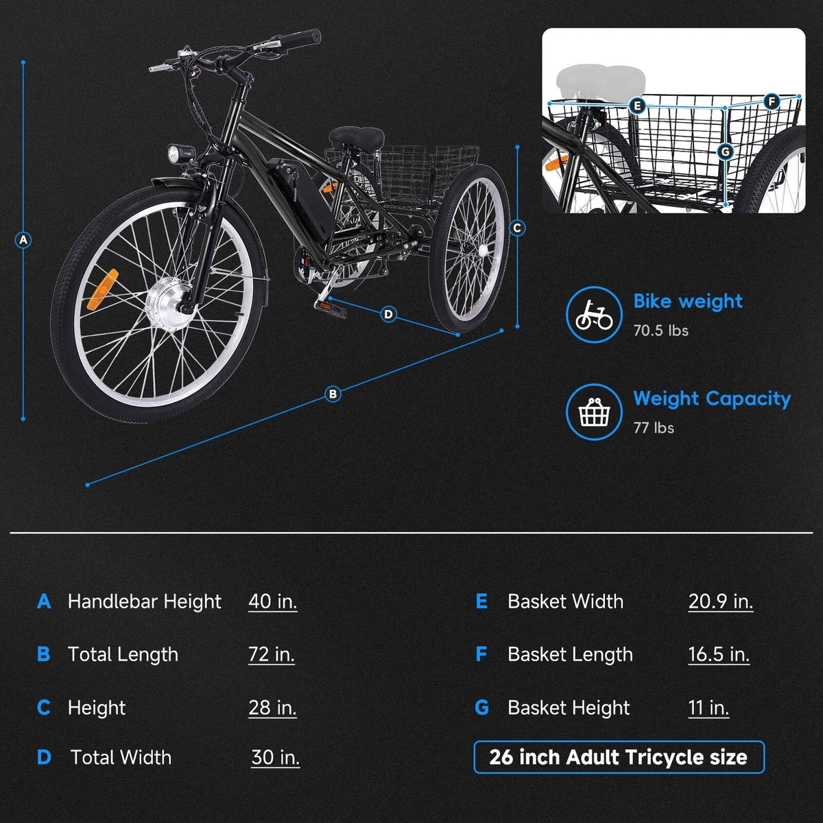 26 Inch Adult 3 Wheel Electric Tricycle with Basket, Fat Tires,7 Speeds,350W Powerful Motor, 36V 10Ah Removable Battery Dark Gray