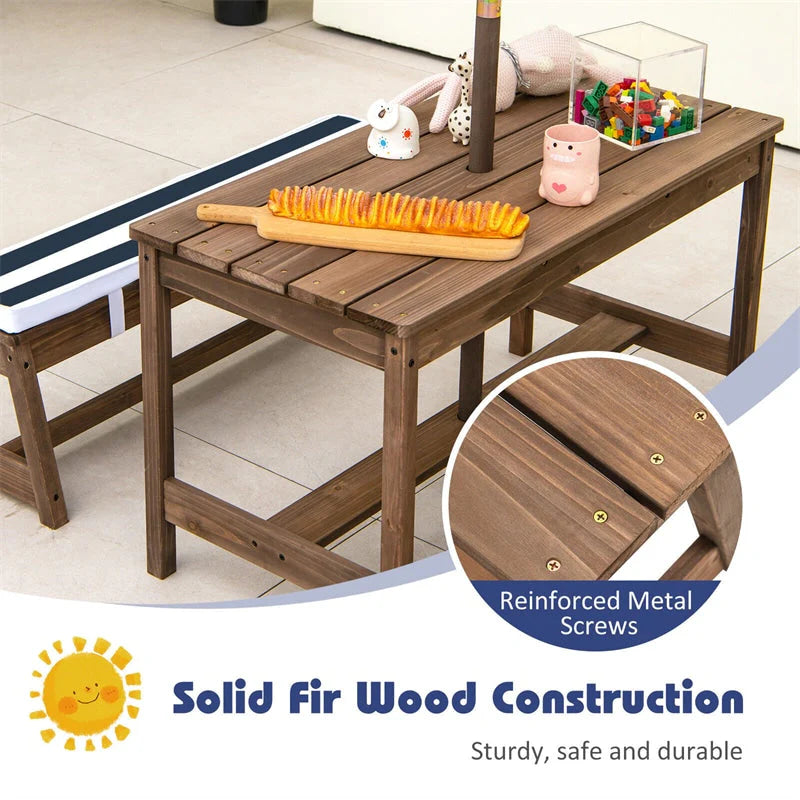 Wooden Kids Picnic Table Bench Set With Cushions And Height-Adjustable Umbrella - 35 in