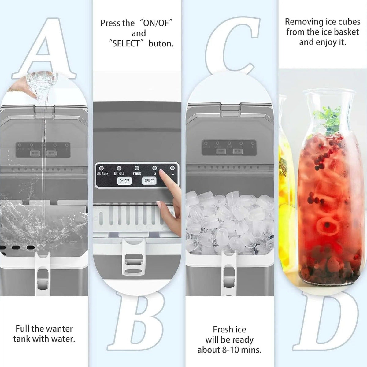 Countertop Ice MakerPortable Ice Machine with Carry HandleSelf-CleaningBasket and Scoop9 Cubes in 6 Mins26.5lbs/24Hrs2 Sizes of Bullet Icefor HomeKitchenPartyGrey