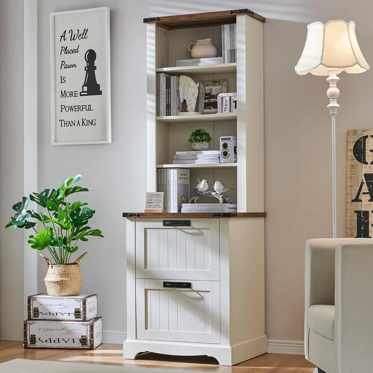Bookcase With 2 File Drawers, 4 Shelves, 23.5in D x 23.6in W x 72in H - Antique White