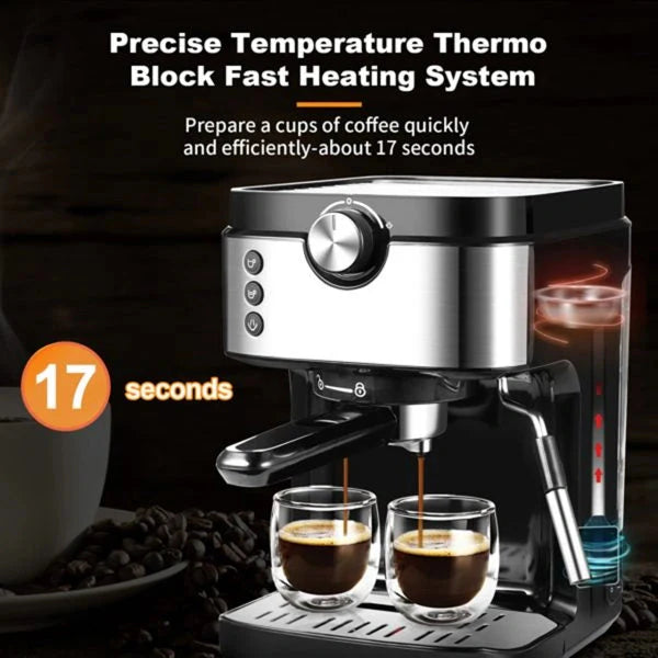 Steam Espresso Machine With Milk Frother, 20 Bar Italian Pump, 900ml Water Tank, Black Stainless, 1700W