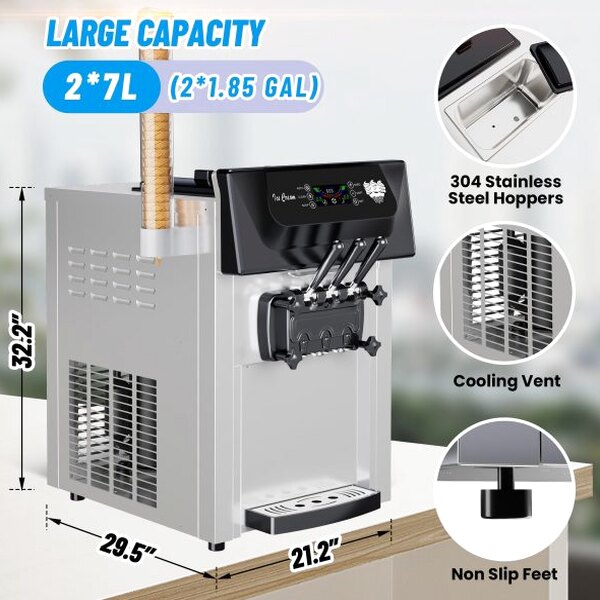 2200W Commercial Ice Cream Machine, 3 Flavor Soft Serve Ice Cream Machine, 5.3-7.4 Gal/Hr, with LCD Touch Screen, Automatic Cleaning, High Productivity for Home Snack Bar &amp; Restaurants