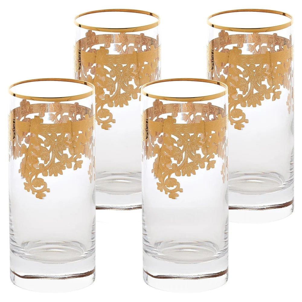24K Gold Embellished Crystal Highball Tumblers, Set Of 4, 11 oz - Made In Italy