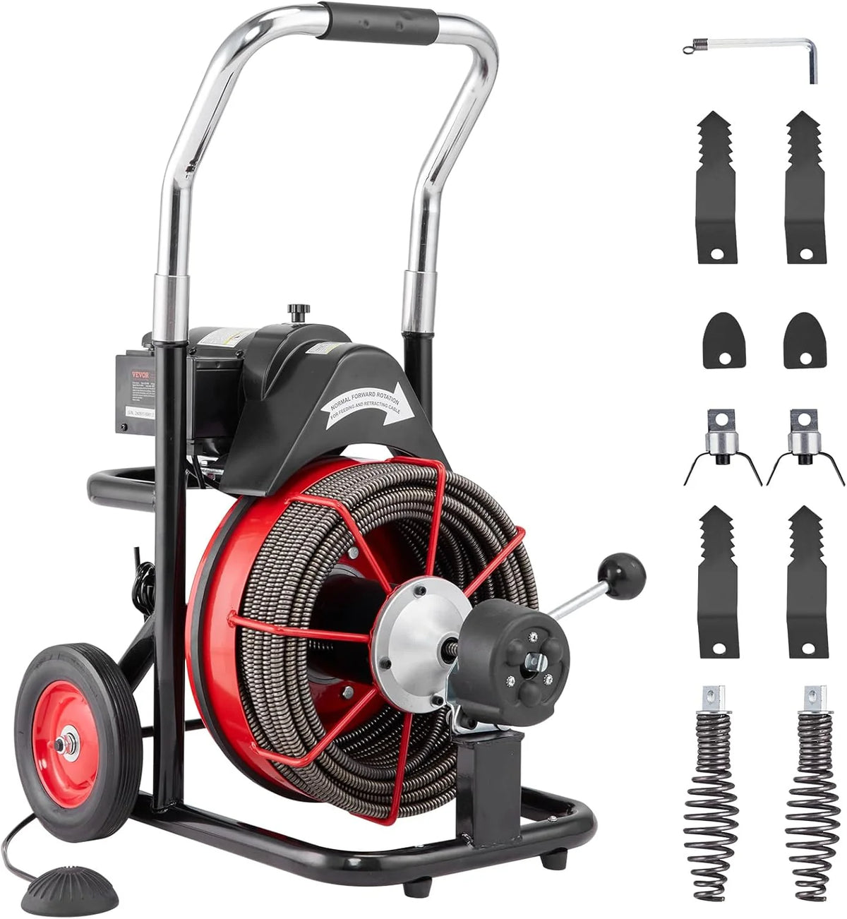 VEVOR Drain Cleaner Machine 100FT x 1/2 Inch, 550W, 8 Cutters, Red + Black
